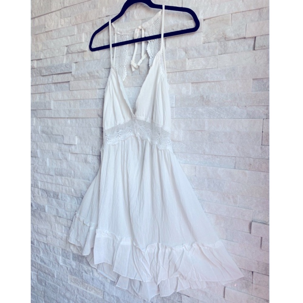 White Crochet Lace Open Back Boho Mini Dress